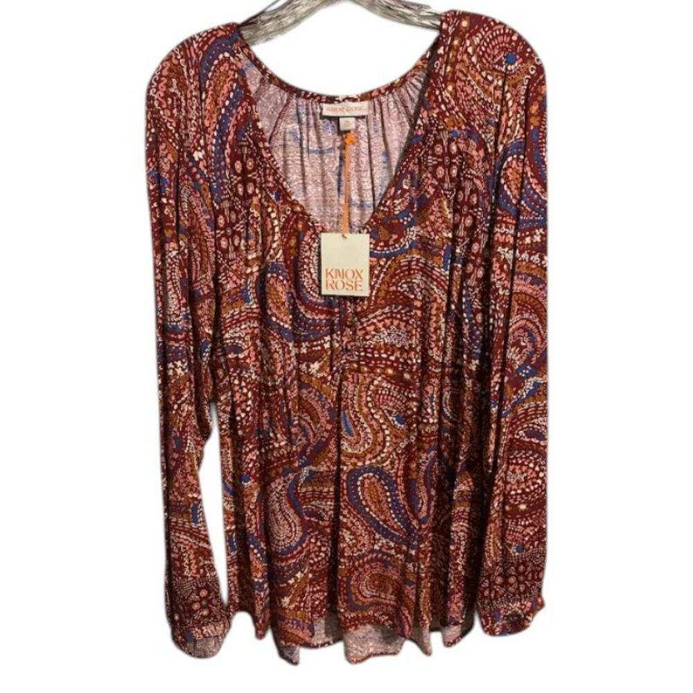 Knox Rose Boho Paisley Long Sleeve Blouse • V-Neck Flow Top